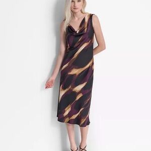 DKNY Cowl Neck Midi Dress in Black, Plum & Gold Brushprint